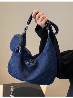 Women's Classic Denim Patchwork Crossbody Shoulder Bag Set, Dark Blue